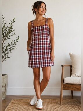 Vintage 90s Y2K Gap Red Plaid Mini Dress Square Neck Fully Lined Size 14